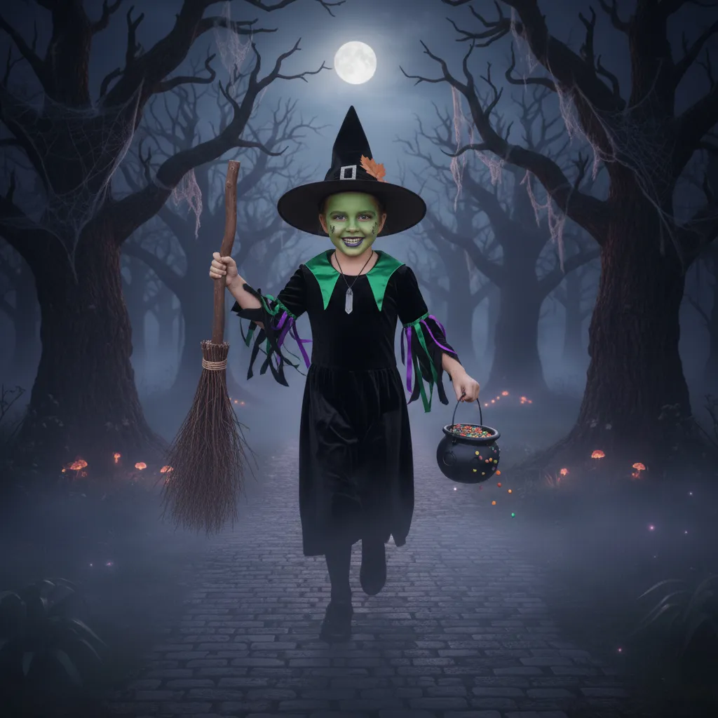 Dziecko przebrane za czarownicę na Halloween