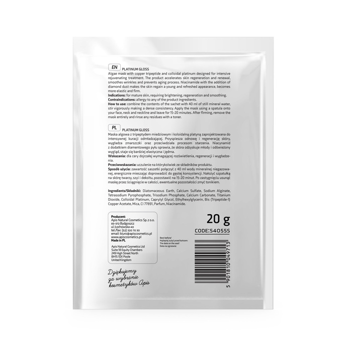 Maska algowa do twarzy z niacynamidem Platinum Gloss Apis 20g