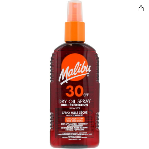 Suchy olejek w sprayu wodoodporny do opalania wegański SPF 30 Malibu 200 ml