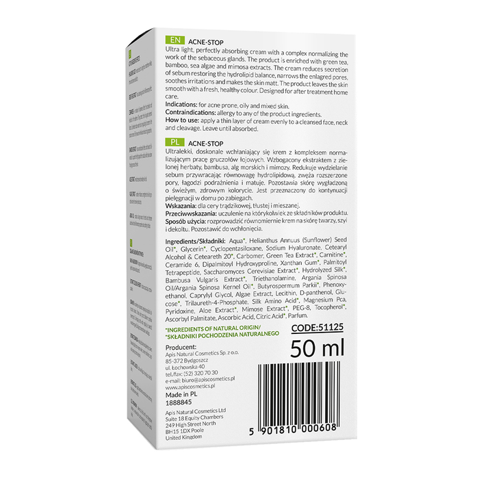 Krem normalizujący antytrądzikowy z zieloną herbatą ACNE-STOP Apis 50 ml